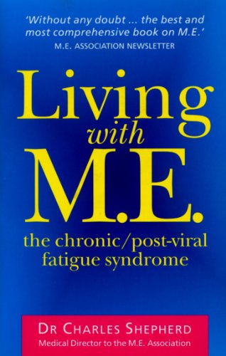 Book cover: “Living with M.E.” in gold lettering on a blue background.