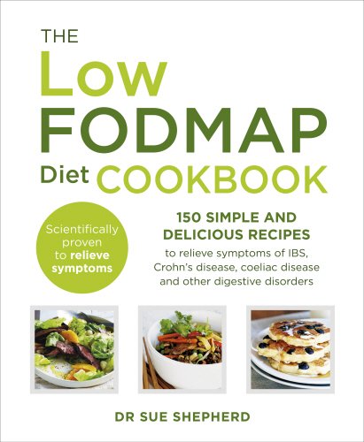 "The Low-FODMAP Diet Cookbook" cover with green title, three food images, and author's name.