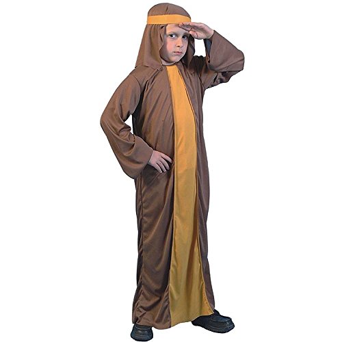Child in a brown and gold hooded shepherd costume, full length.