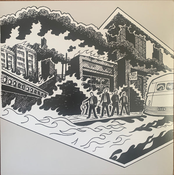 Black and white illustration of a townscape with people and a van.