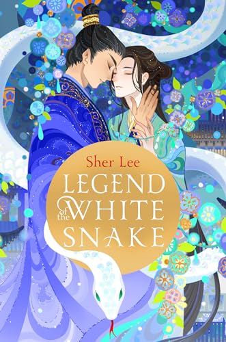 Book cover: couple with a white snake, floral designs, and gold text.