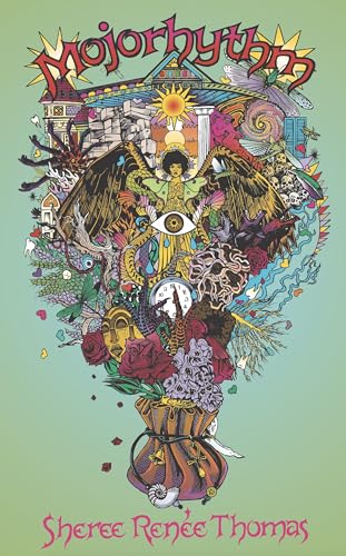 Colorful illustrated book cover, “Mojorhythm,” with surreal imagery and text.