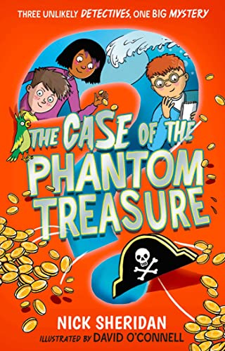 Book cover with three children, a parrot, treasure, and a pirate hat.