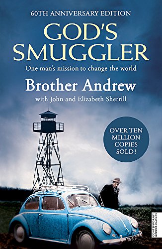 Book cover: "God's Smuggler" with a blue Volkswagen Beetle and tower.