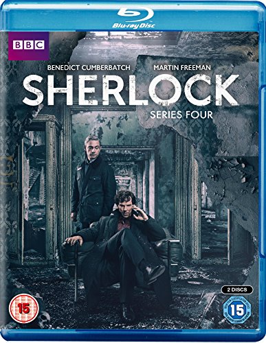 "Sherlock Series 4 Blu-ray case with Benedict Cumberbatch and Martin Freeman in a dark room."