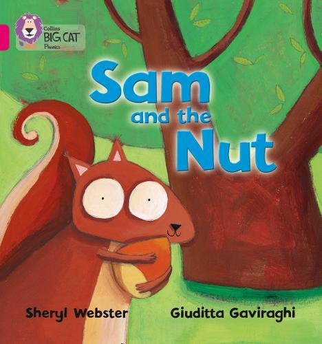Cartoon squirrel, Sam, holds a nut near a tree on book cover.