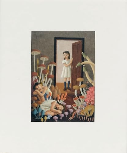 Painting of a girl in a doorway surrounded by large mushrooms and figures.