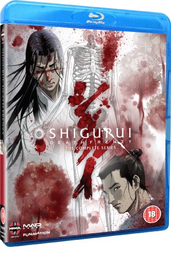 Blu-ray cover for "Shigurui" anime, featuring blood splatters and character art.