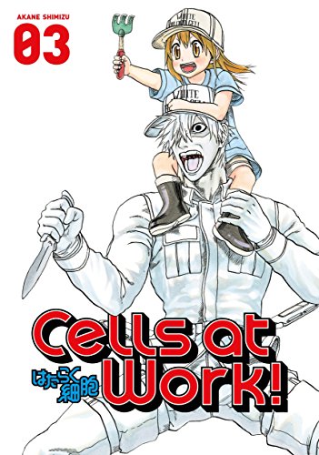 Cells at Work! 3" manga cover with anthropomorphic cell characters.