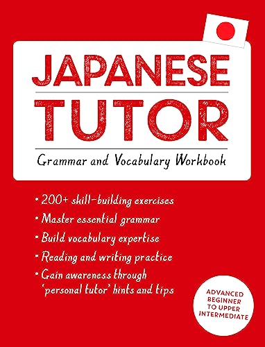 Book cover for Japanese Tutor Grammar and Vocabulary Workbook on a red background.