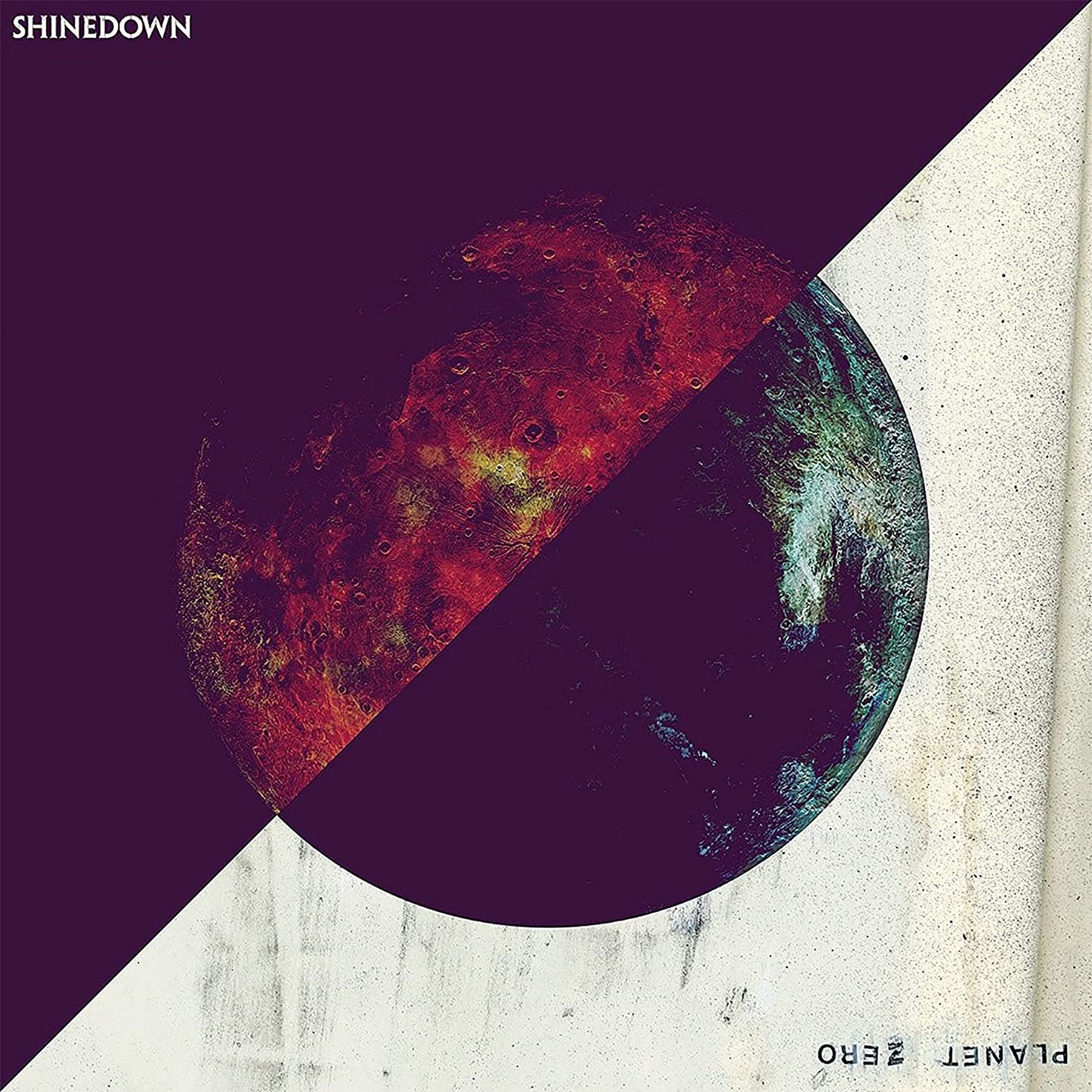 Album cover showing a split planet design with red and blue textures on background.