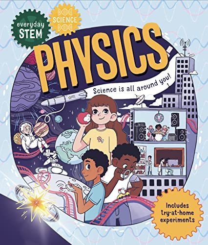 Book cover illustrating physics concepts with children and space imagery.