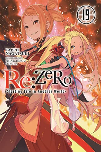 Re:Zero light novel volume 19 cover featuring two anime-style female characters against fiery background.