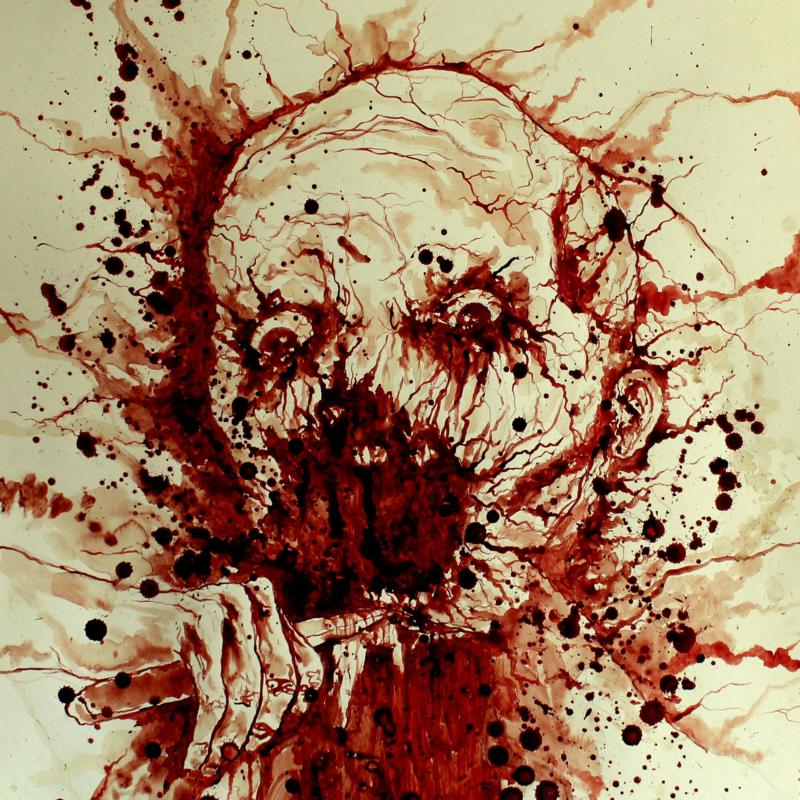 Ink-splatter portrait of a distressed face with intense, wide eyes.