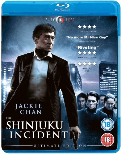 Blu-ray cover for "Shinjuku Incident" featuring Jackie Chan in a suit.