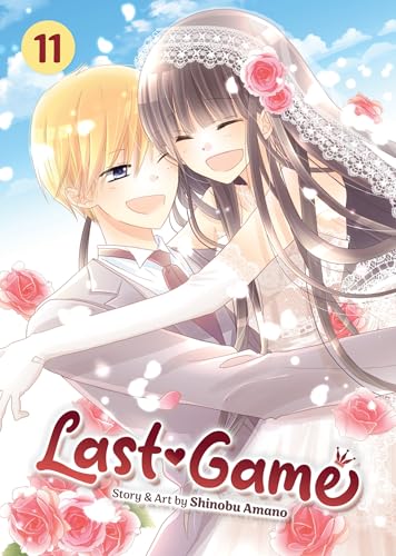 Manga cover with two smiling characters in wedding attire, roses present.