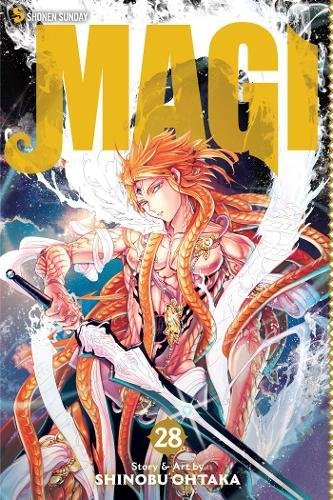 Magi, Volume 28 cover: a man with long hair wielding a sword.
