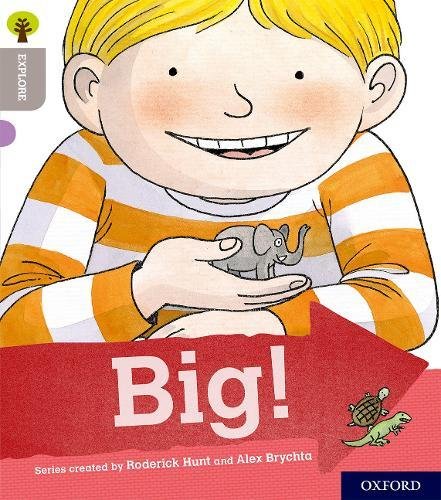 Boy holding a toy elephant, book cover with the word “Big!”