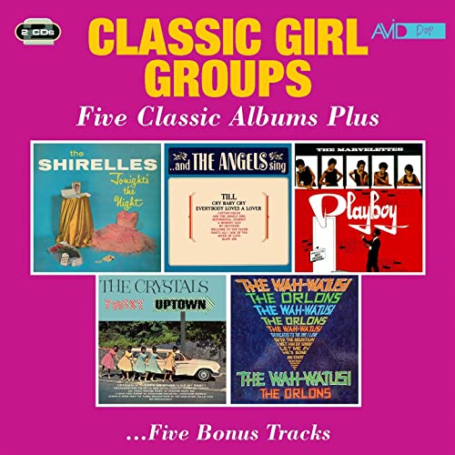 CD cover featuring five classic girl group album artworks against a bright pink background.