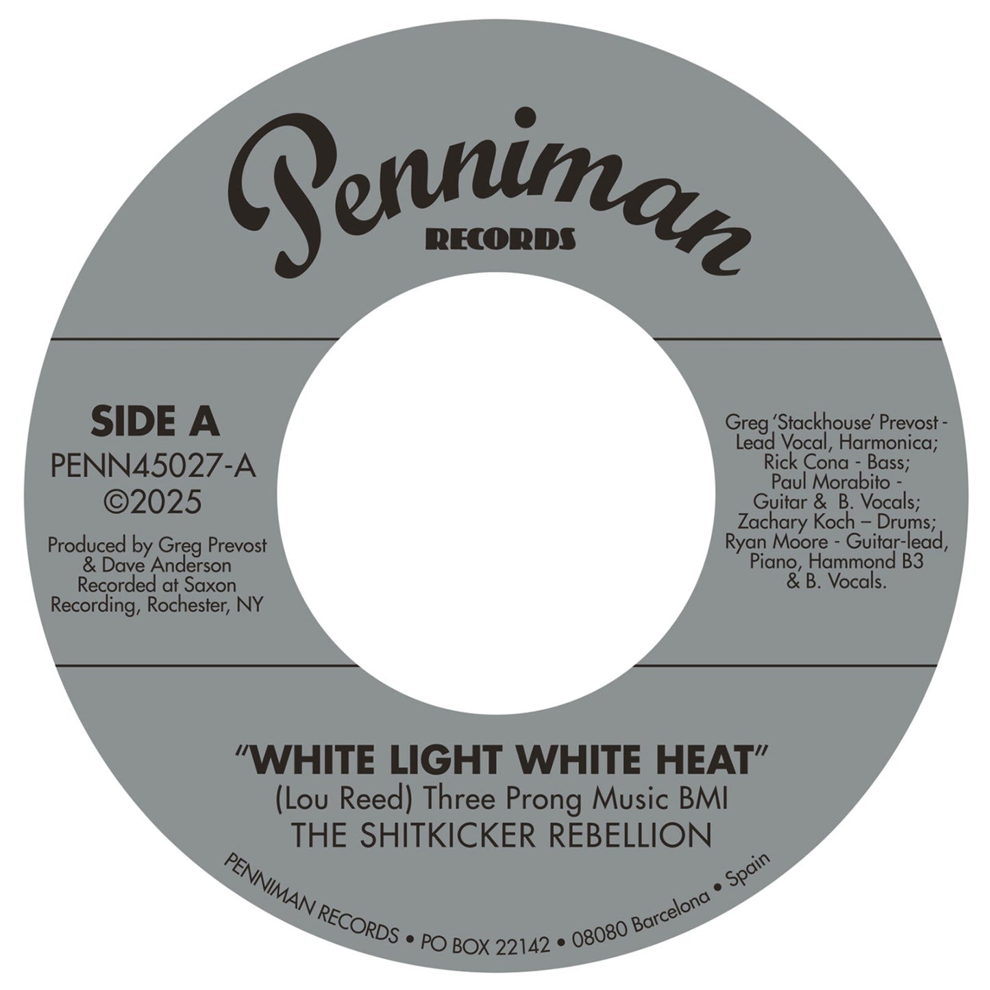 Grey vinyl record label for The Shitkicker Rebellion, White Light White Heat, Penniman Records.