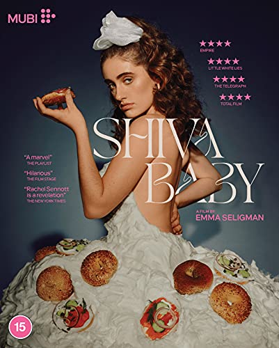 Blu-ray cover of Shiva Baby featuring a woman in a white dress with bagels.