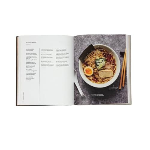Open cookbook showing a ramen recipe and a bowl of ramen with chopsticks.