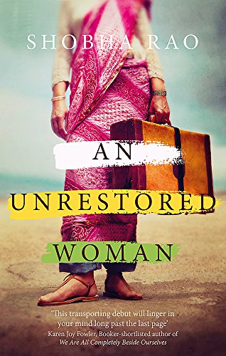 Book cover: woman with suitcase on beach, title "An Unrestored Woman.