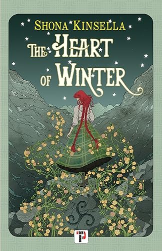 Book cover illustration of a red-haired woman in a plaid skirt amidst mountain flowers.