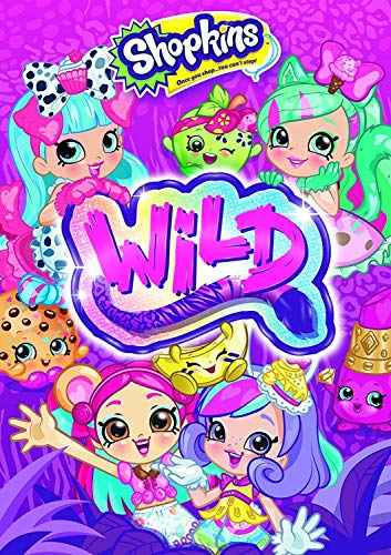Colorful animated characters with "Shopkins: Wild" title on a vibrant purple background.