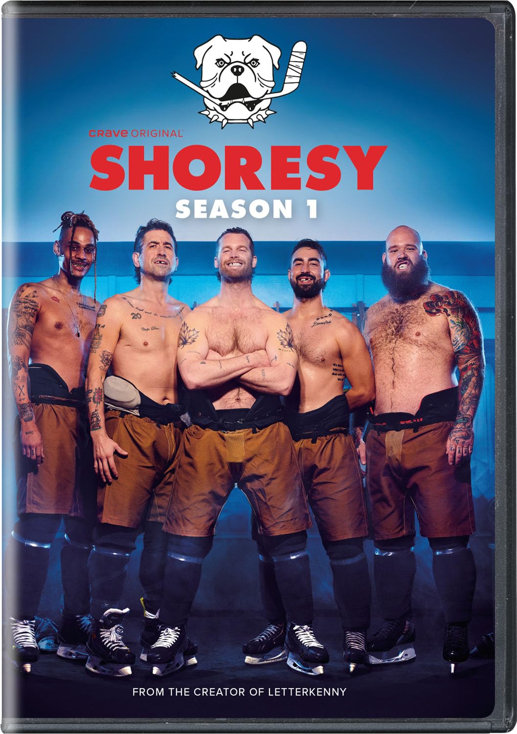 Shoresy" Season 1 DVD cover featuring five shirtless hockey players.