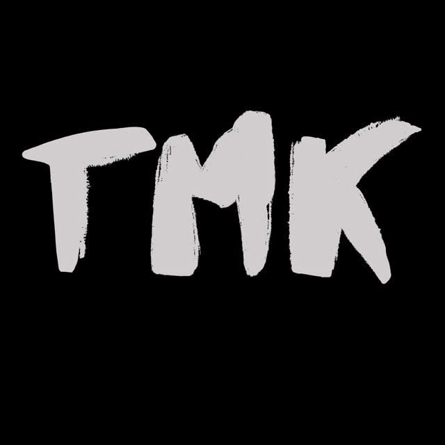 The letters TMK written in a white, brush-stroke style against a solid black background.