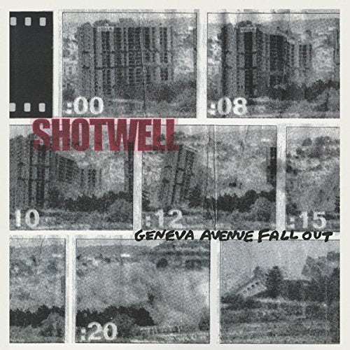 Black and white album cover with fragmented building imagery and text.