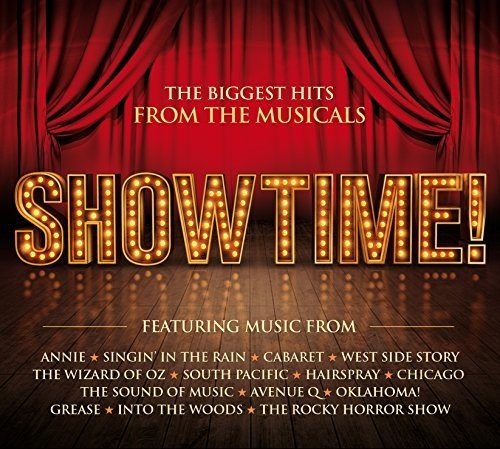 CD cover for "Showtime!" musical compilation with red curtain backdrop.