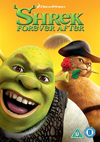 Shrek and Puss in Boots on "Shrek Forever After" DVD cover, with bright yellow background.