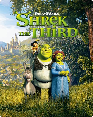 Shrek, Fiona, Donkey, and Puss in Boots on a grassy hill.