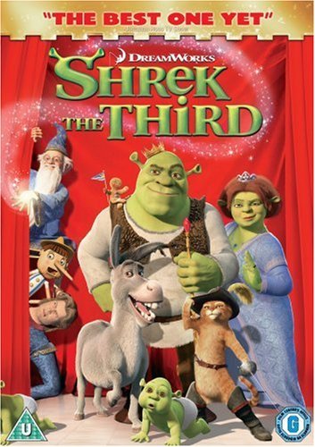 Shrek The Third" DVD cover featuring Shrek, Donkey, and Puss in Boots.