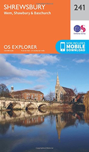 Ordnance Survey Explorer Map 241, Shrewsbury area, with river and buildings.