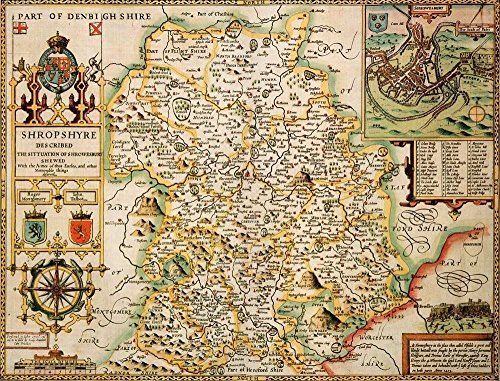 1610 map of Shropshire, England, with coats of arms and decorative borders.