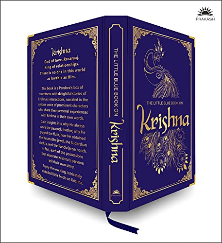 A blue silk hardbound book titled The Little Blue Book on Krishna with gold illustrations.