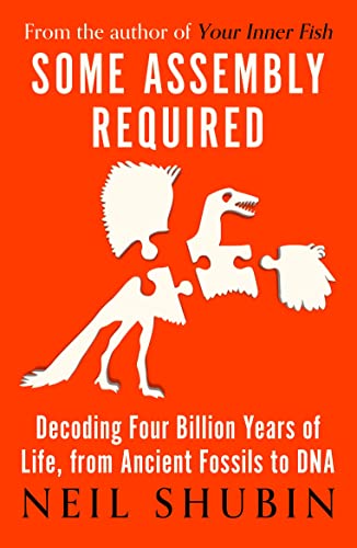 Book cover: orange background, dinosaur puzzle pieces, title “Some Assembly Required.”