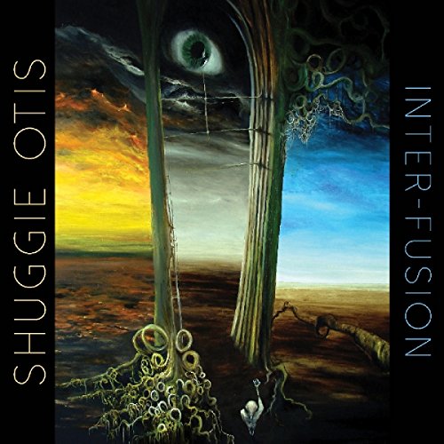 "Album cover featuring surreal artwork with twisted trees, eye, and skull against a split sky."