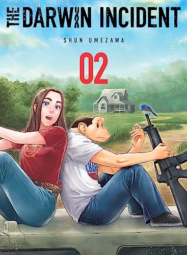 Woman and ape-like man with a rifle, rural background, book cover.