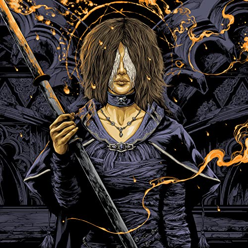 Illustration of a blindfolded figure in dark robes holding a tall spear amidst embers.