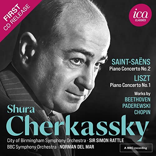 CD cover featuring pianist Shura Cherkassky, with composers Saint-Saëns and Liszt listed.