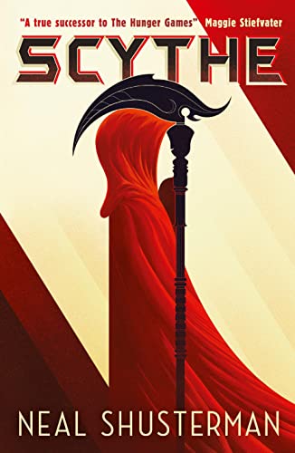 Book cover for “Scythe” featuring a hooded figure with a scythe.