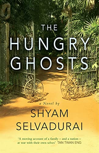 Book cover: "The Hungry Ghosts" with a wrought iron gate and lush foliage.