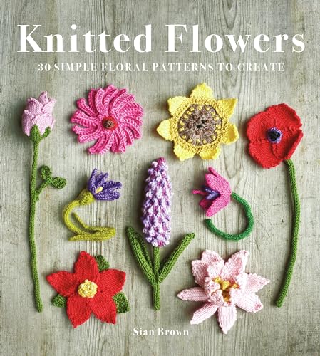 Book cover featuring colorful, knitted flowers arranged on a wood surface.