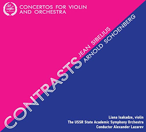 CD cover for Sibelius & Schoenberg “Contrasts” with pink and blue design.
