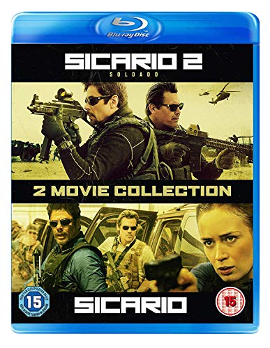 Blu-ray cover for action films "Sicario" and "Sicario 2: Soldado" featuring armed men.