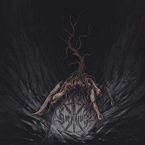 Dark album cover featuring a skeletal figure entwined with tree roots.